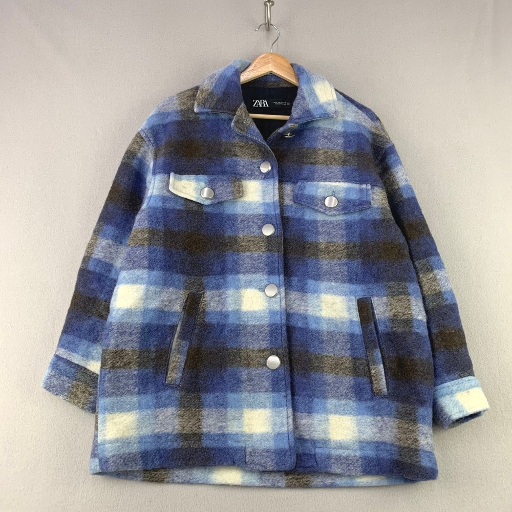 Zara Plaid Flannel Shacket Women S Blue Oversized Wool Button Front Coat